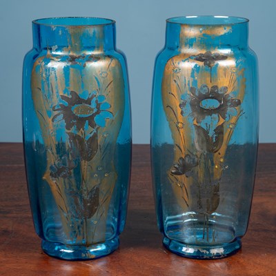 Lot 132 - A pair of Continental painted blue glass vases