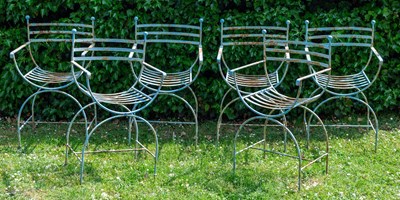 Lot 1330 - A set of six blue painted wrought iron garden chairs