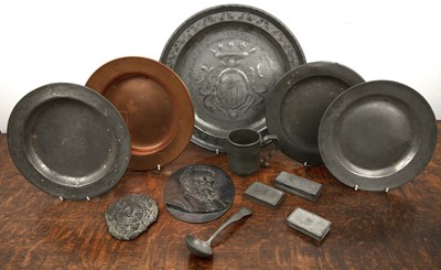 Lot 396 - Collection of pewter and other metalware...