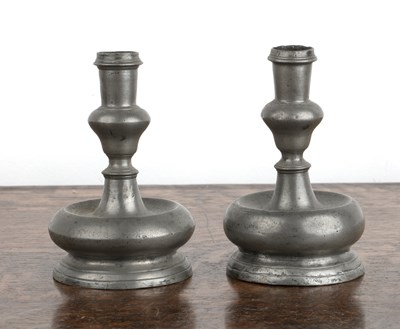 Lot 402 - Pair of acorn knop pewter candlesticks 18th...