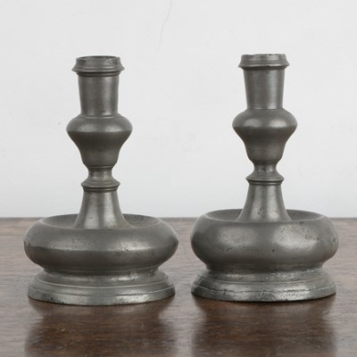 Lot 402 - Pair of acorn knop pewter candlesticks 18th...