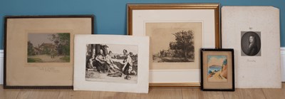 Lot 617 - A later copy Rembrandt etching of three cottages and further pictures