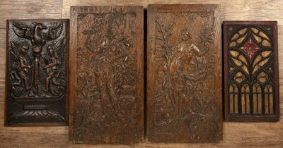 Lot 221 - Pair of carved oak panels with carved...
