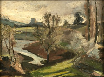 Lot 321 - H * Rayner River landscape with distant church,...