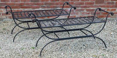 Lot 1307 - A pair of black painted wrought iron conservatory seats or benches