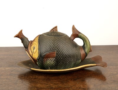 Lot 132 - Majolica teapot French, in the form of a fish,...