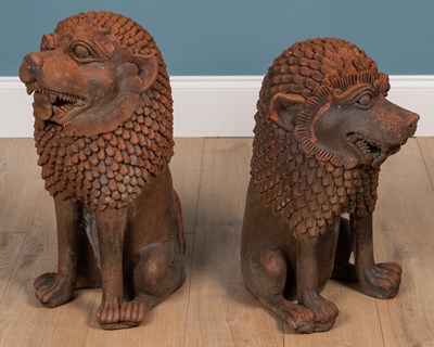 Lot 1339 - Two similar terracotta Oriental temple dogs