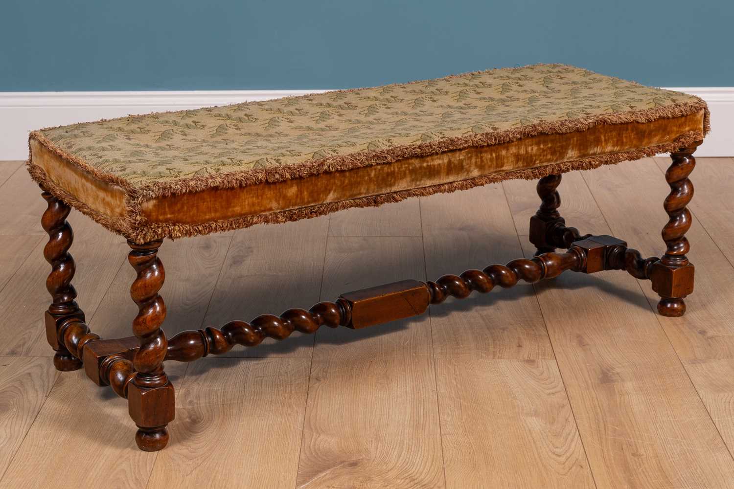 Lot 61 - A 17th century style walnut rectangular stool with upholstered seat