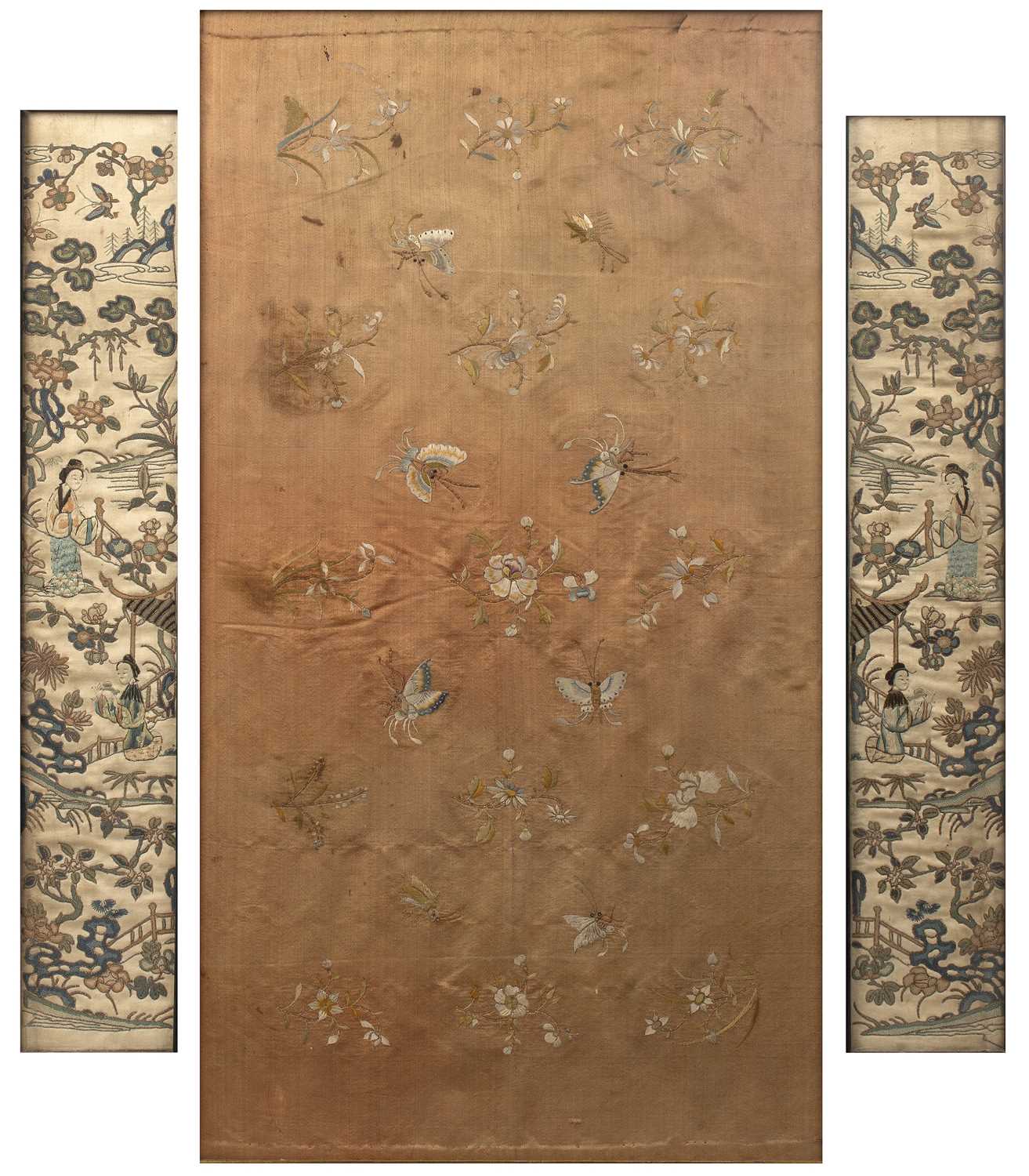 Lot 528 - Pair of Mandarin sleeve bands embroidered,...