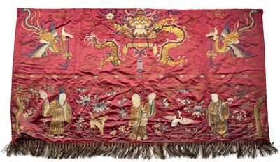 Lot 490 - Red ground altar panel Chinese embroidered...