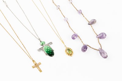 Lot 200 - A peridot and half pearl pendant, stamped '585'...