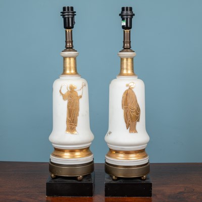 Lot 527 - A pair of decorative white glass table lamps