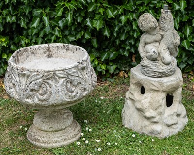 Lot 1208 - A cast reconstituted stone fountain together with a cast reconstituted stone urn on plinth