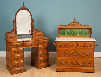 Lot 14 - A Victorian burr elm bow fronted dressing table together with a matching marble-topped chest
