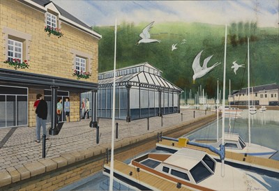 Lot 367 - Tony Delaney (20th century) Atarina with boats,...