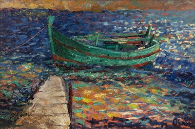 Lot 393 - John Owen (20th century) Moored green boat,...