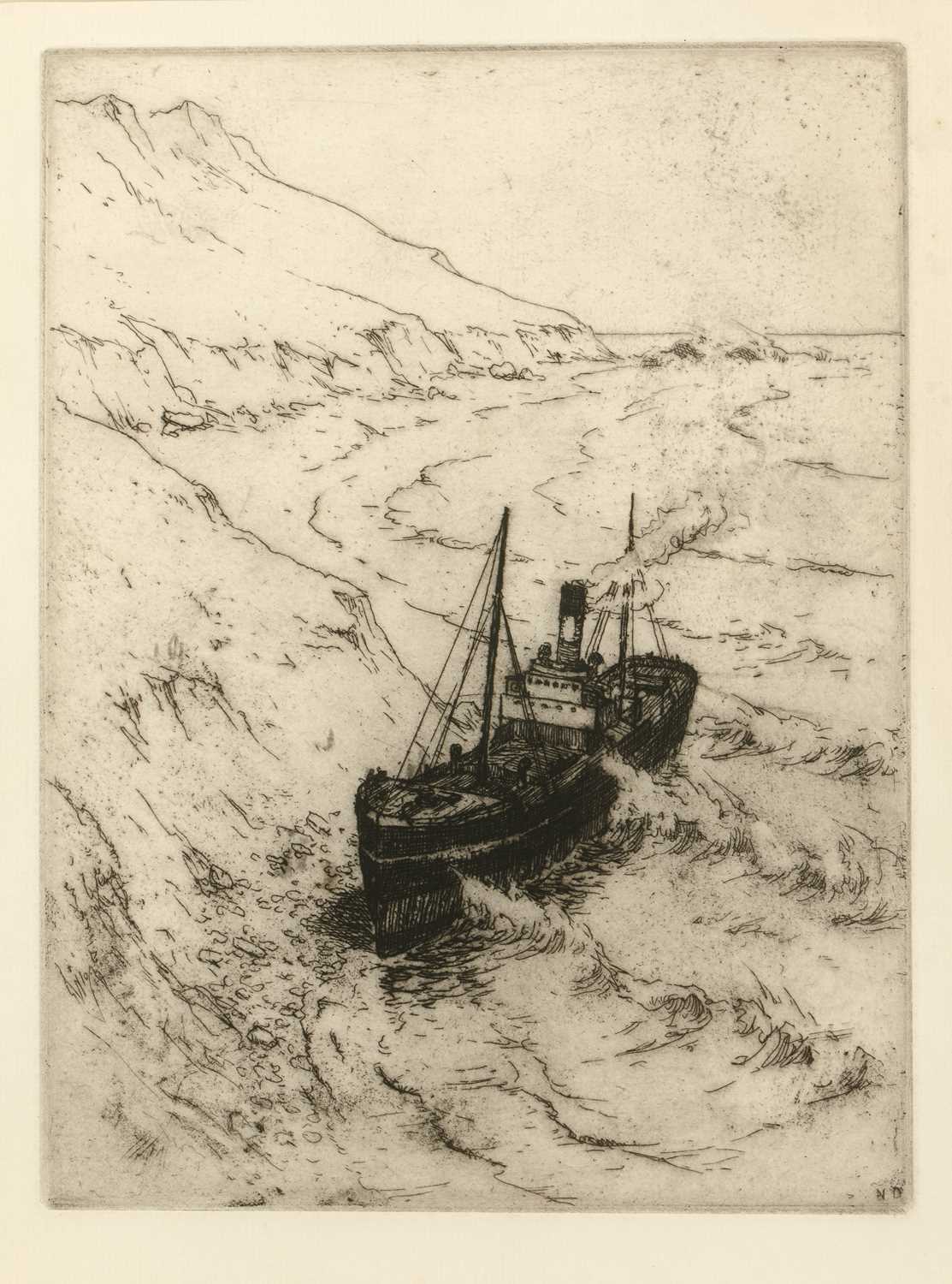 Lot 54 - Nelson Dawson (1859-1941) Steamer run aground,...