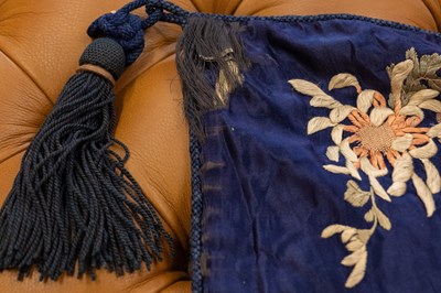 Lot 38 - A decorative Japanese dark blue ground silk panel or hanging