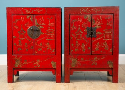 Lot 336 - A pair of red Chinese side cupboards