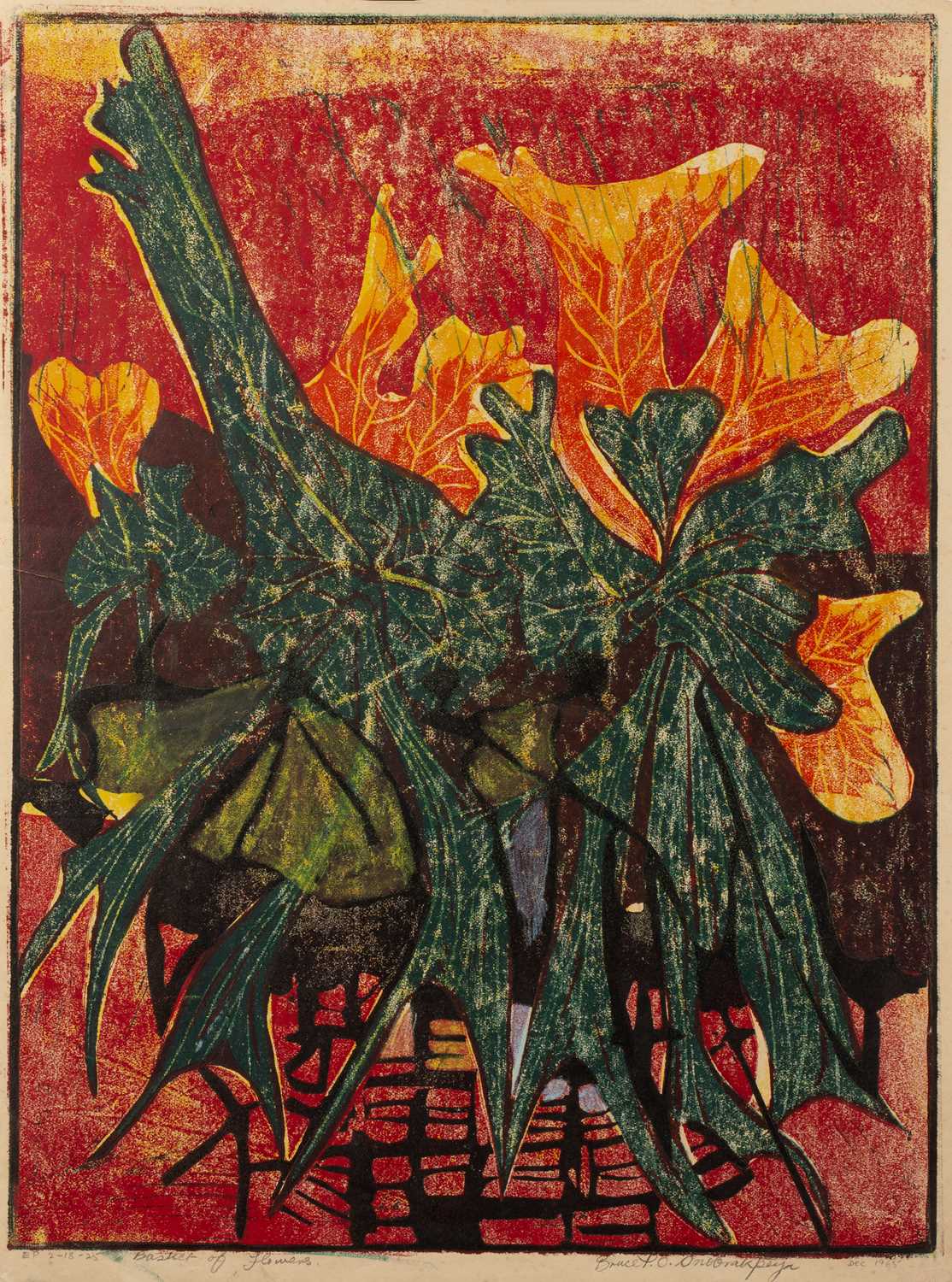 Lot 241 - Bruce Onobrakpeya (b.1932) 'Basket of flowers',...
