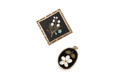 Lot 34 - Two pietra dura panel brooches, each depicting...