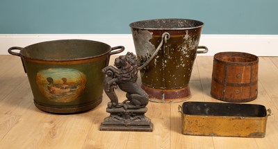 Lot 499 - Three buckets; a cast iron door stop; and a brass rectangular jardiniere