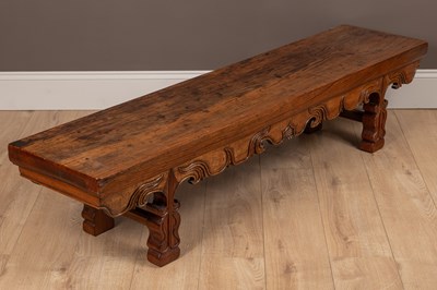 Lot 259 - A Chinese pitch pine and hardwood long lobed bench