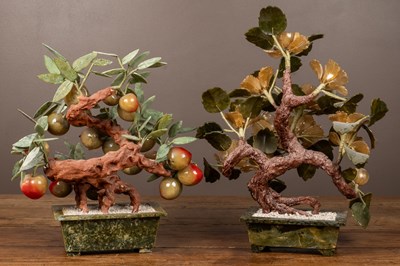 Lot 276 - A pair of Chinese decorative hardstone models of bonsai trees