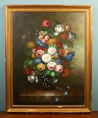 Lot 689 - A Dutch style still life of flowers in a vase on a stone shelf