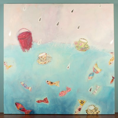 Lot 176 - 21st Century school, abstract painting with fish, tea cups and a bucket