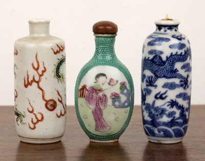 Lot 272 - Three porcelain snuff bottles Chinese to...