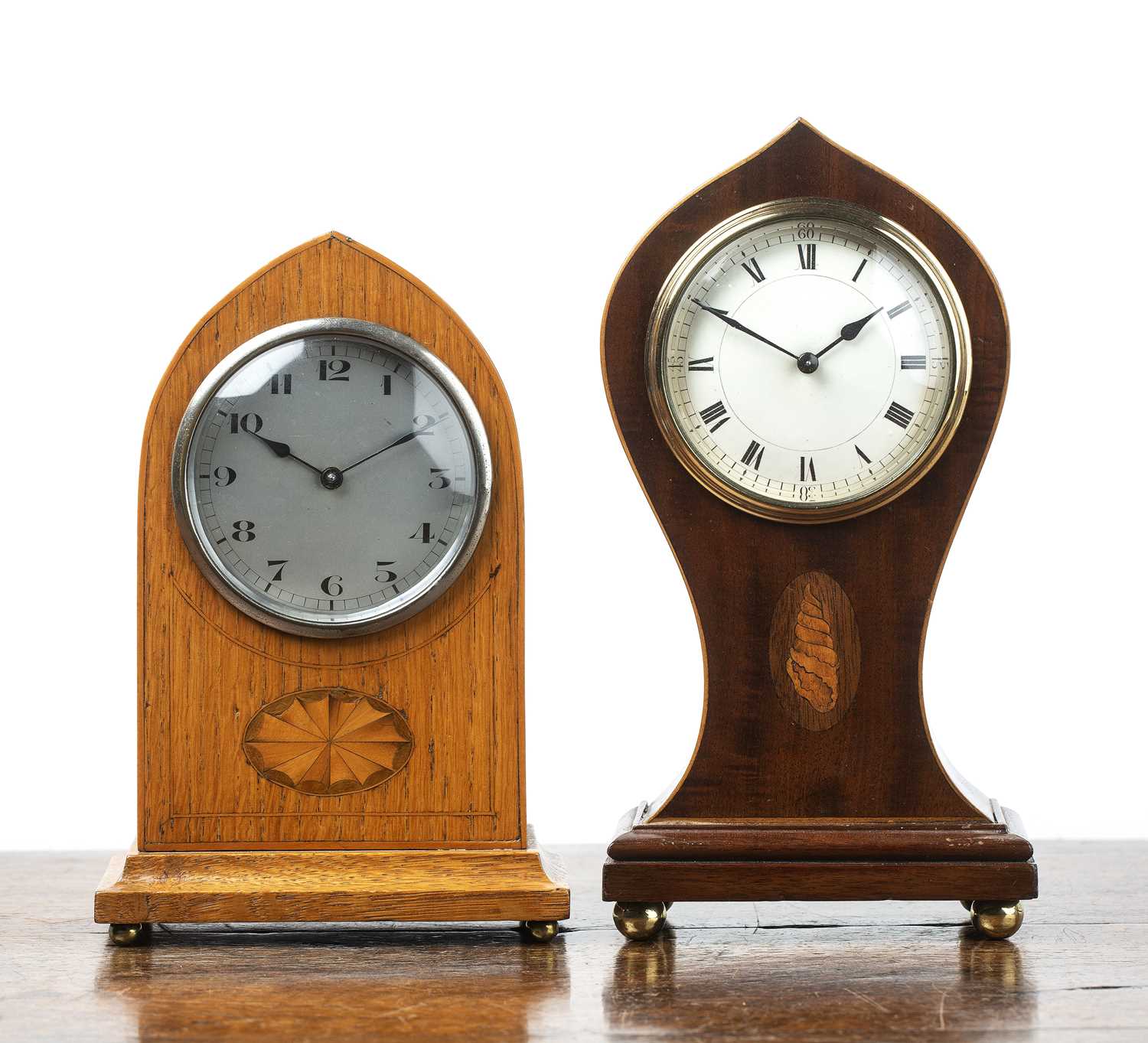 Lot 51 - Two Edwardian inlaid mantel clocks One an oak...