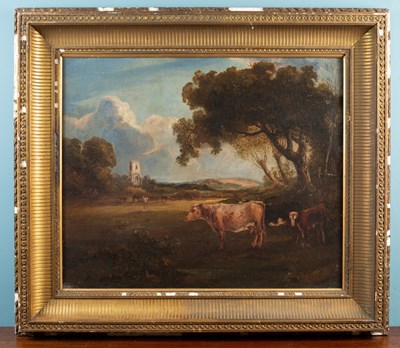 Lot 219 - 19th century English school, landscape with cattle by a tree with a distant church