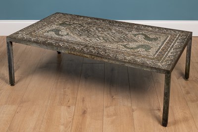 Lot 457 - An iron and mosaic inset rectangular occasional table made by Vestey Entwistle in 1977