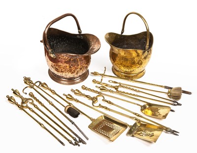 Lot 44 - A 19th century copper coal scuttle, a brass...