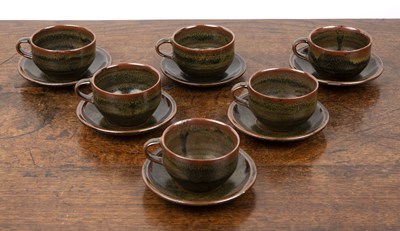 Lot 341 - Set of six teacups and saucers Studio pottery,...