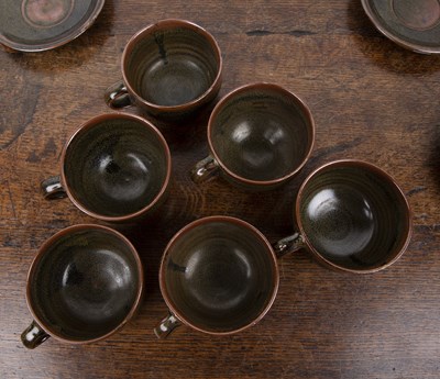 Lot 341 - Set of six teacups and saucers Studio pottery,...