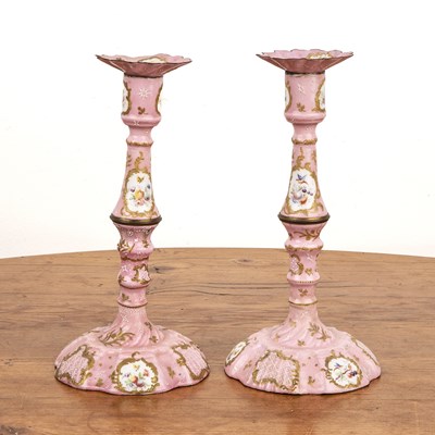 Lot 291 - Pair of Bilston pink enamel candlesticks...