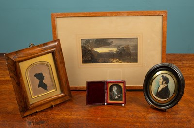 Lot 11 - Four pictures to include; a portrait miniature, a daguerreotype, a silhouette, and a landscape