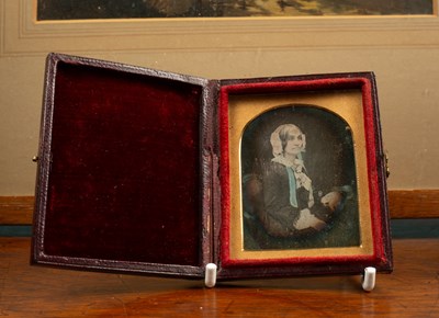 Lot 11 - Four pictures to include; a portrait miniature, a daguerreotype, a silhouette, and a landscape