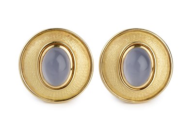 Lot 179 - A pair of enamel and chalcedony ear clips by...