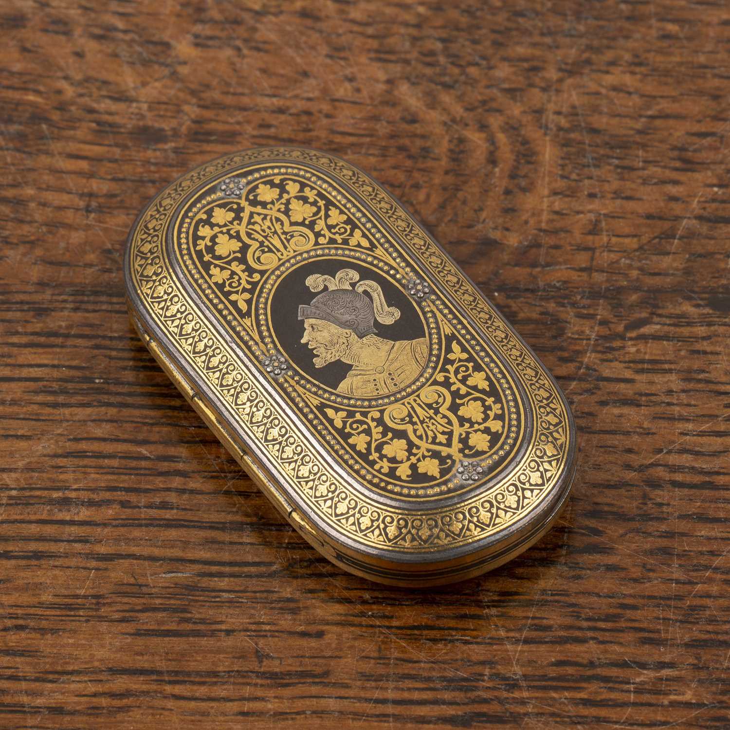 Snuff Box Inlay Lot 421 - Brass inlaid snuff box With a hinged lid,