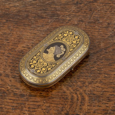 Lot 421 - Brass inlaid snuff box With a hinged lid, with...