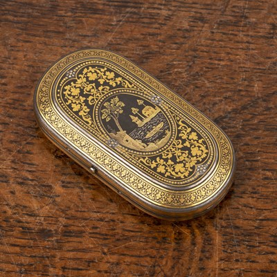 Lot 421 - Brass inlaid snuff box With a hinged lid, with...