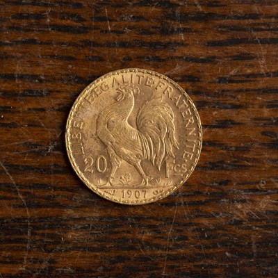 Lot 462 - French 20 Franc coin dated 1907, 7g approx...