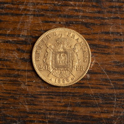 Lot 463 - Napolean III 20 Franc coin French, dated 1864,...