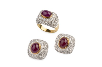 Lot 78 - A ruby and diamond ring and earrings suite, of...