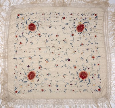 Lot 355 - Ivory ground embroidered shawl Chinese, 20th...