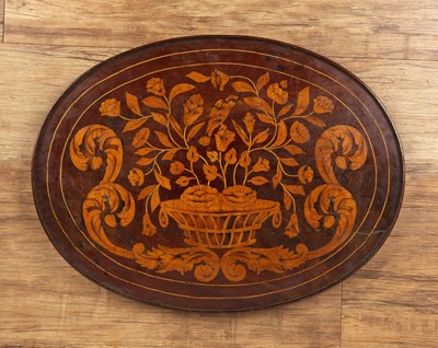 Lot 312 - Marquetry inlaid oval tea tray decorated with...