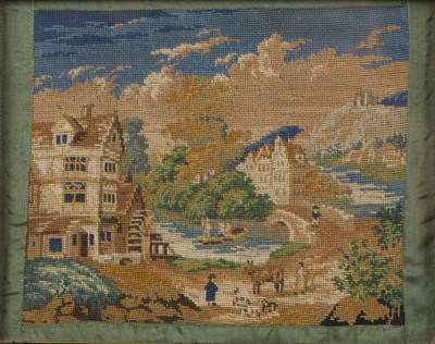 Lot 152 - Very fine needlepoint panel of a river scene...